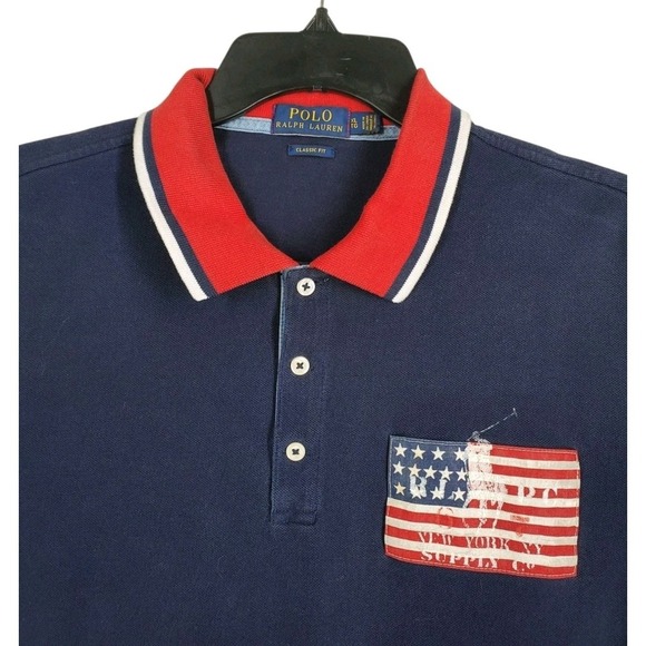 Ralph Lauren Polo Shirt Mens XL Blue Red USA Flag NY Supply Co Patriotic SS - Picture 5 of 8